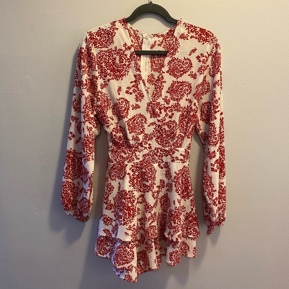 Red and White Floral Long Sleeve Dress